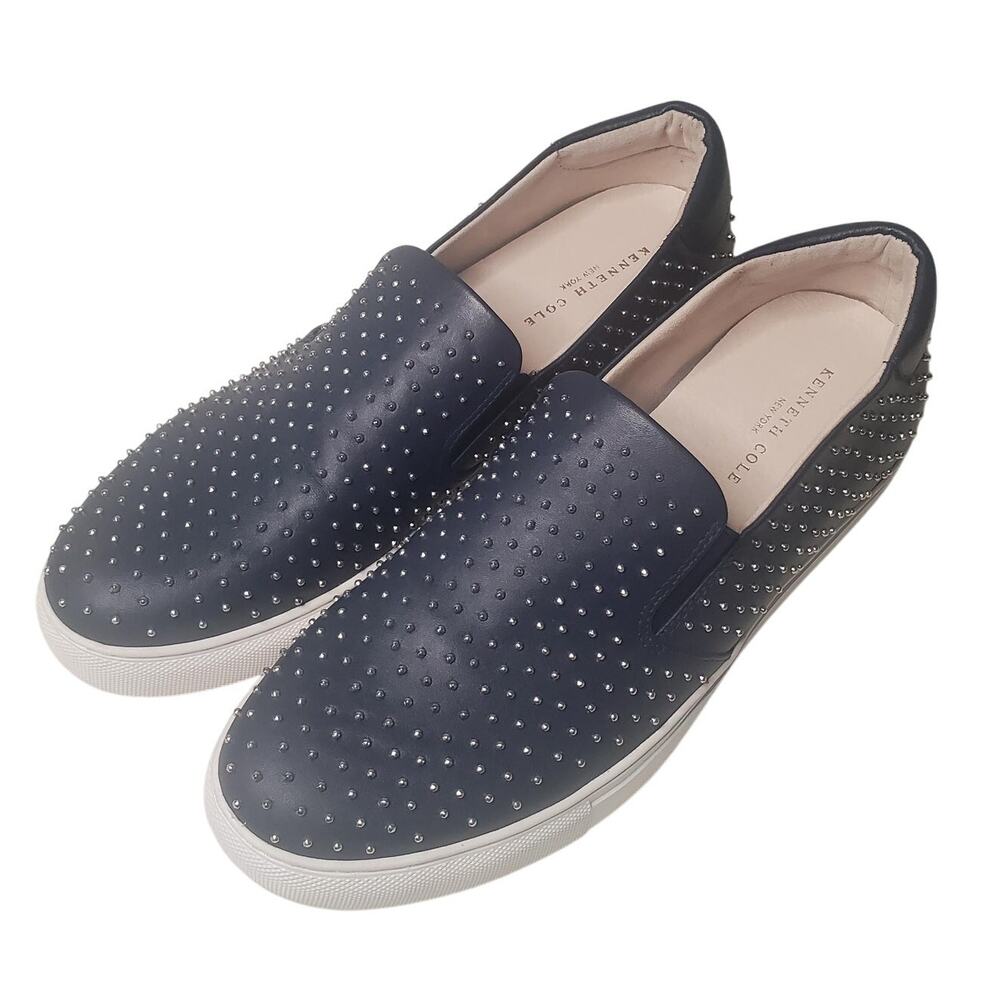 Kenneth Cole Woman's Size 9.5 King 3 Navy Blue Leather Studded Slip-On Sneakers